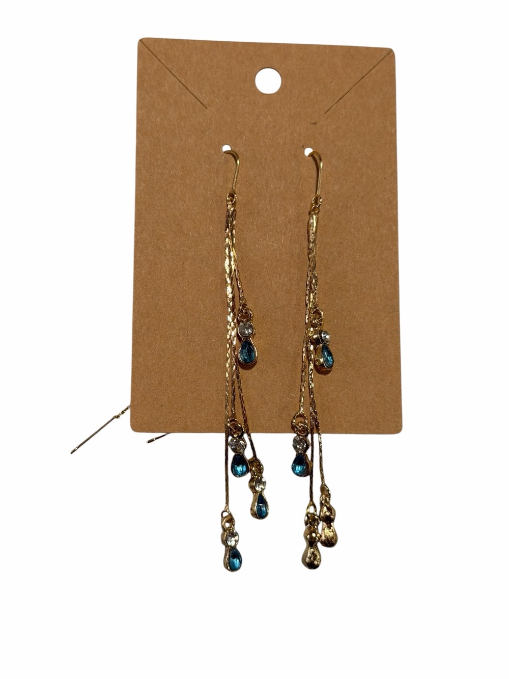 Gold Tone Blue Gem Teardrop Dangle Drop Earrings Multi Strand Chain 3.5 Inch